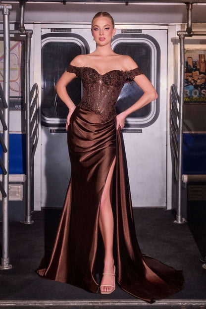 Off The Shoulder Lace & Satin Fitted Gown-7