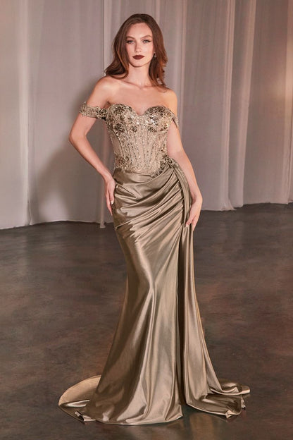Off The Shoulder Lace & Satin Fitted Gown-9