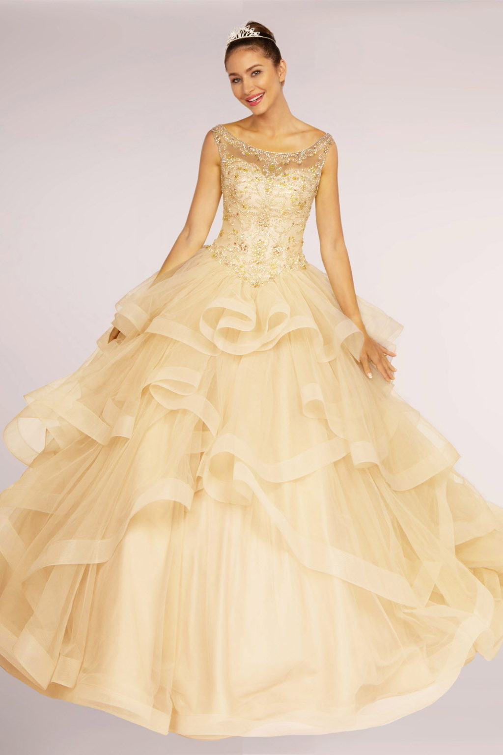 Jewel Embellished Boat Neck Multi-Layered Skirt Ball Gown-4