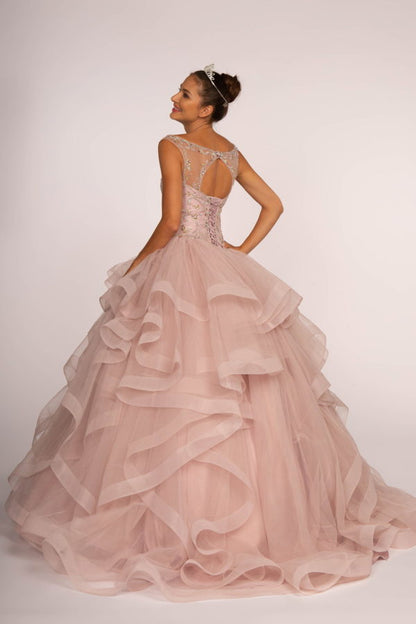 Jewel Embellished Boat Neck Multi-Layered Skirt Ball Gown-1